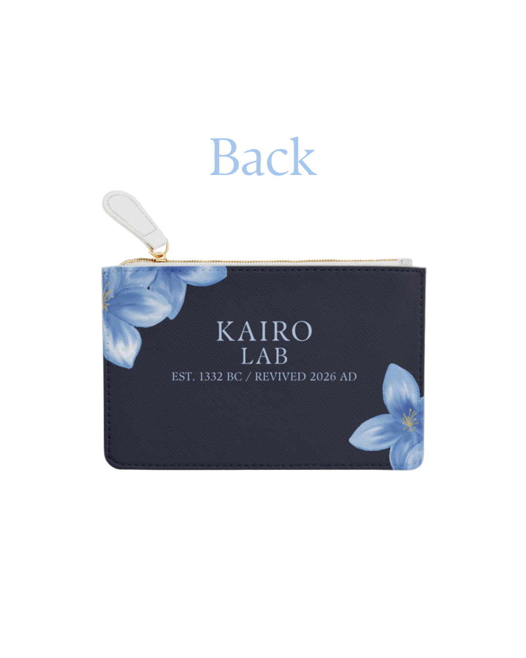 Dunkle Geldbörse mit blauen Blumen und Aufschrift, goldener Reißverschluss, Rückseite