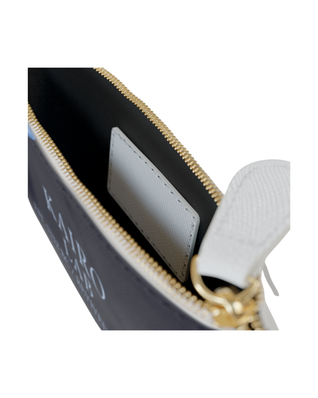 Innenansicht einer schwarzen Clutch-Tasche mit goldfarbenem Reißverschluss und Kartenfach