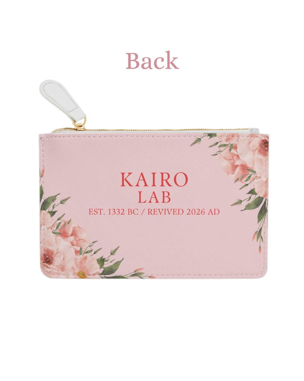 Rosa Geldbörse mit Blumenmuster, goldfarbenem Reißverschluss und modernem Textdesign.